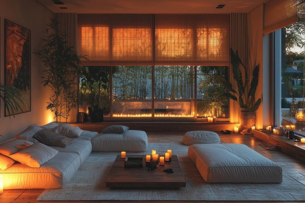A warm living room scene with flickering candles and a spacious window that brightens the space