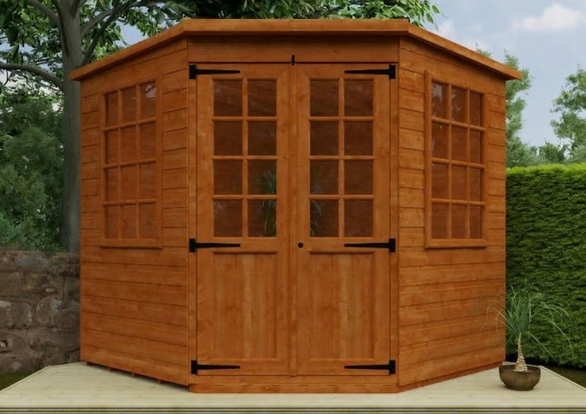 Wooden garden corner summerhouse with double doors and windows, surrounded by greenery and potted plant