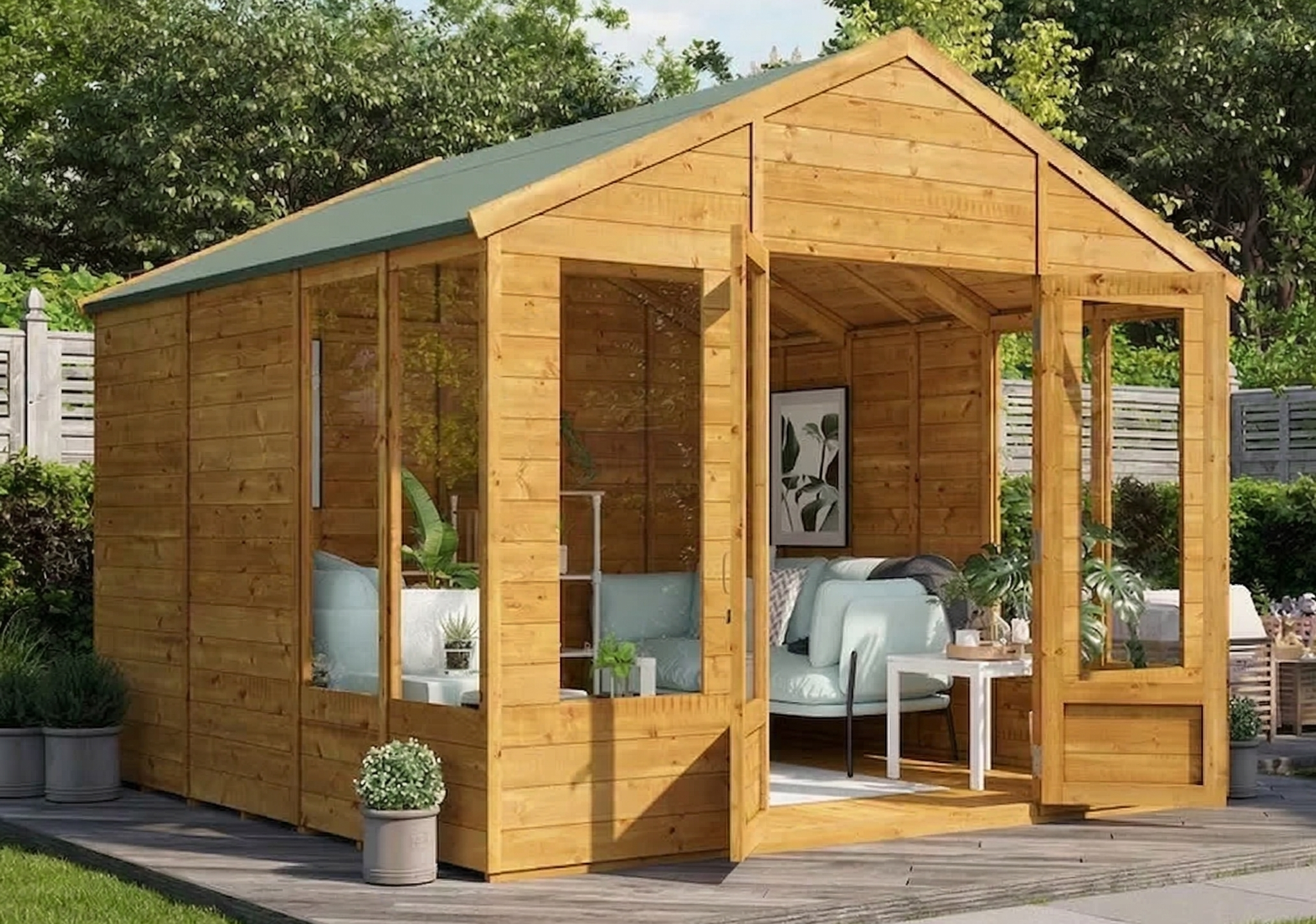 Wooden garden summerhouse with glass doors, featuring cosy interior seating and green plants, surrounded by lush foliage