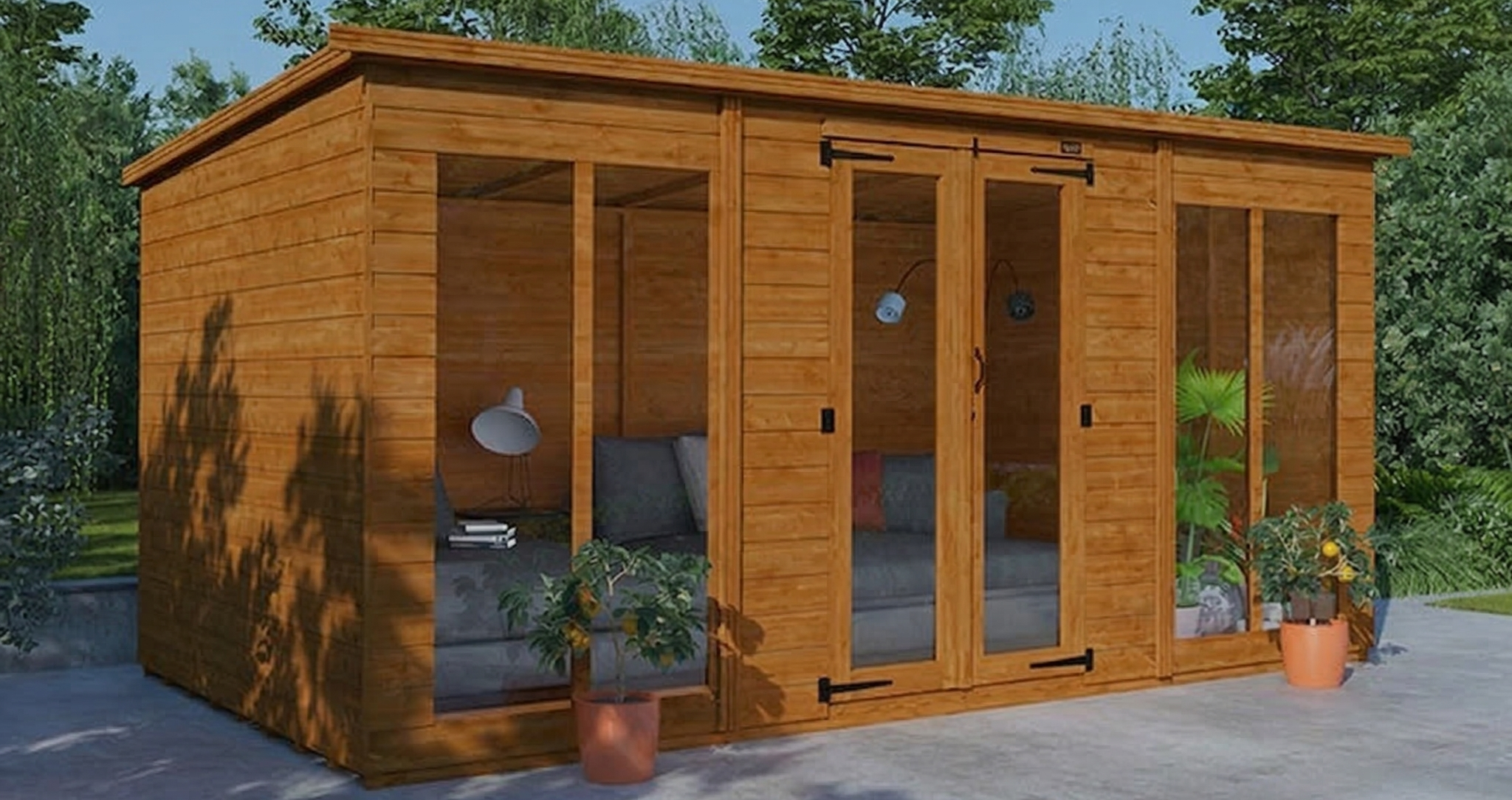 Modern wooden garden office with large windows and potted plants, surrounded by lush greenery in a serene setting